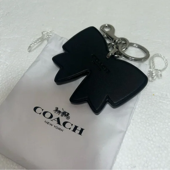 COACH Bow Bag Charm Gem Ribbon Black Leather - Picture 2 of 4